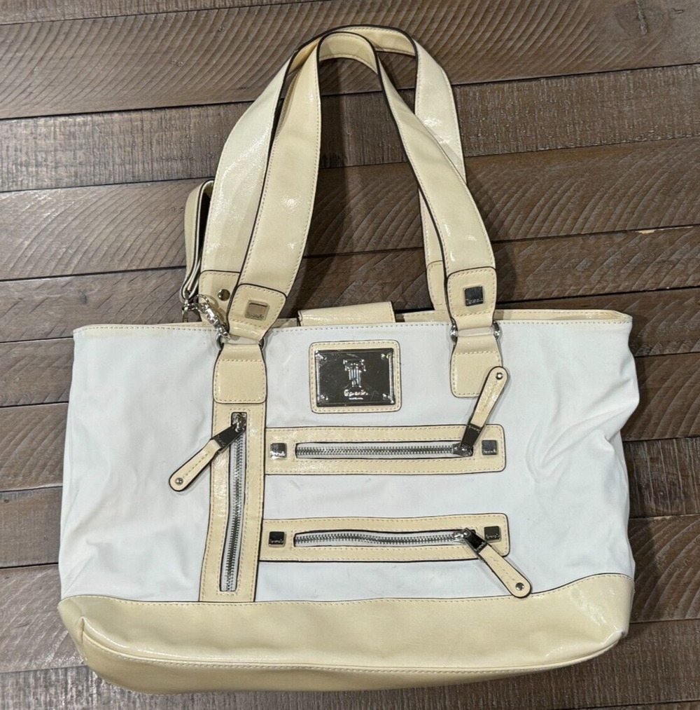 Tignanello Womens Cream Vinyl Large Shoulder Bag Tote Yellow Lining - NWOT